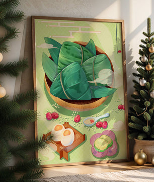 Traditional Asian food illustration with rice dumplings and mooncakes on a green background