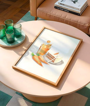 Illustration von Karottenkuchen und Saft mit frischen Karotten