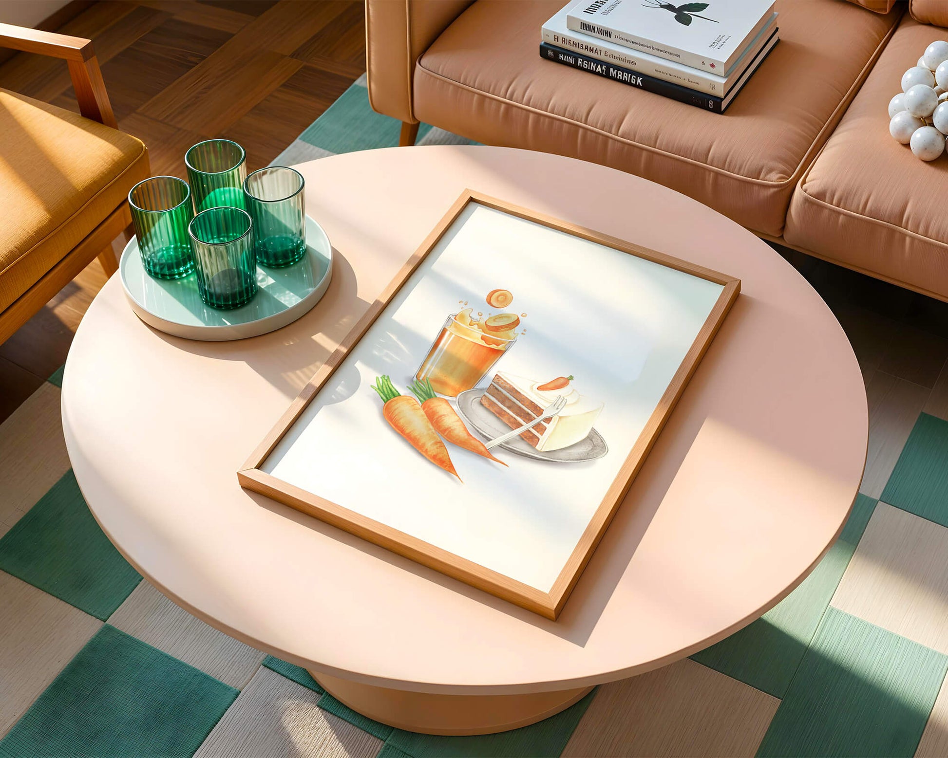 Illustration von Karottenkuchen und Saft mit frischen Karotten