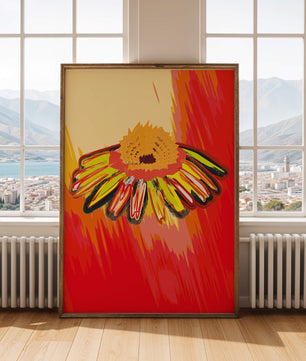 Abstract vibrant flower illustration with bold colors and dynamic strokes