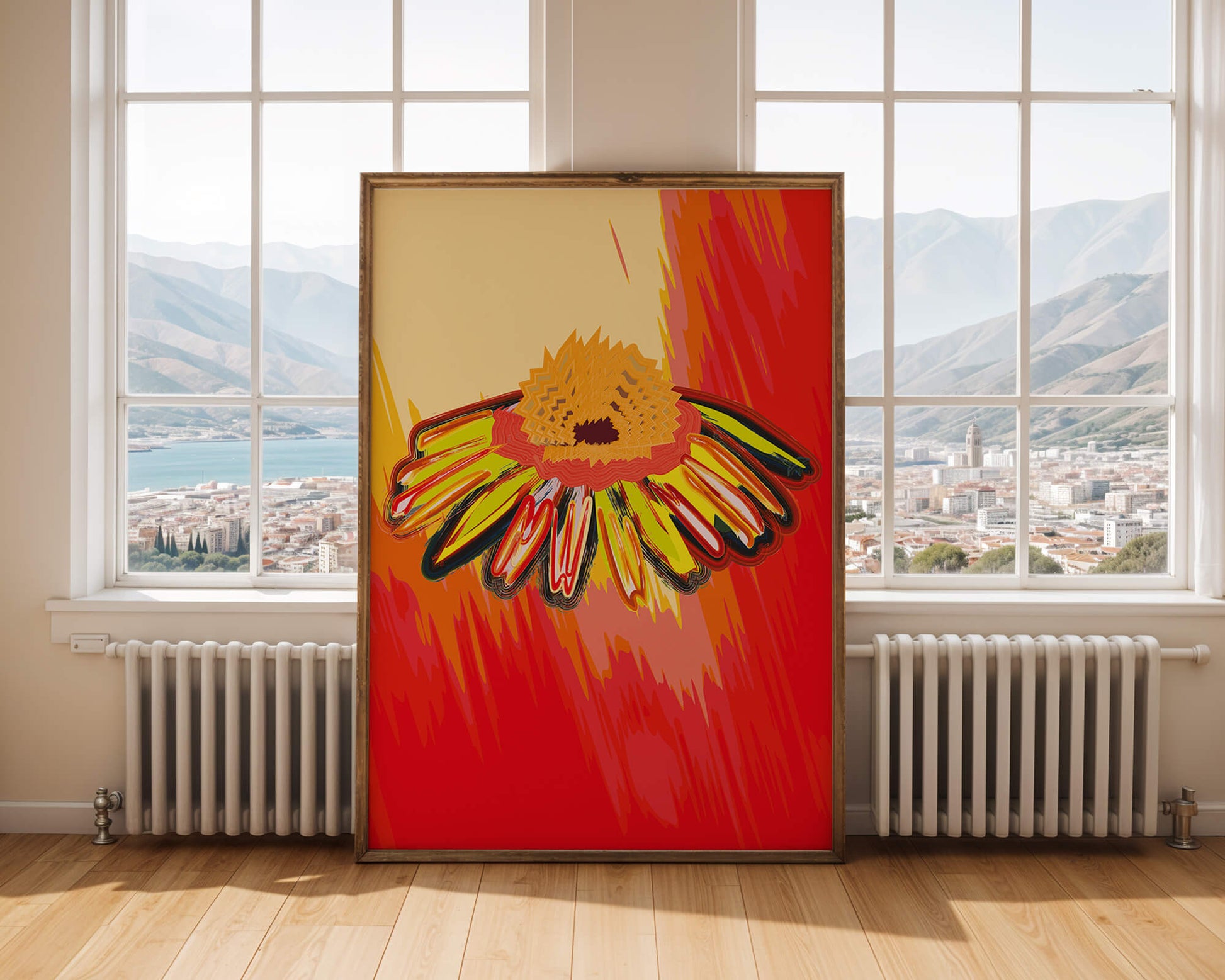 Abstract vibrant flower illustration with bold colors and dynamic strokes