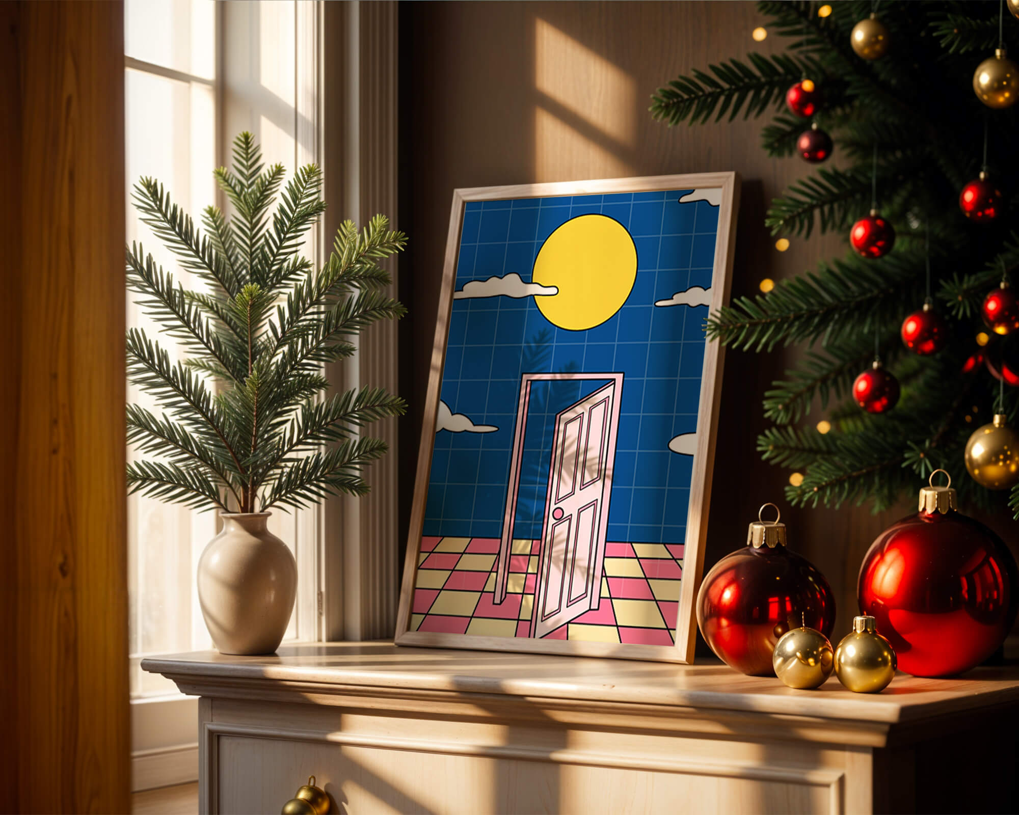 Surreal doorway with pink door under yellow sun and blue sky