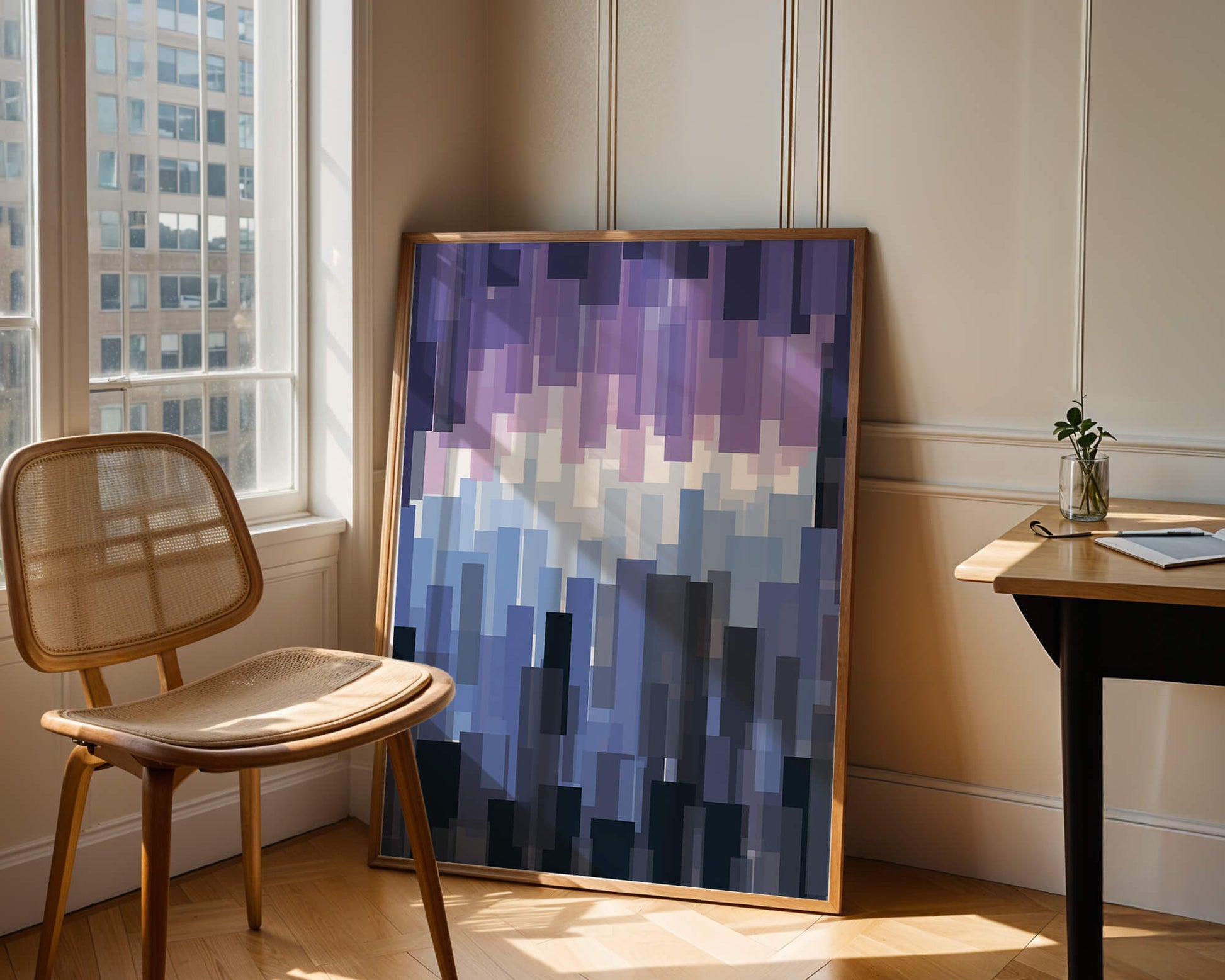 Abstrakter pixeliger Farbverlauf mit Blau- und Lilatönen
