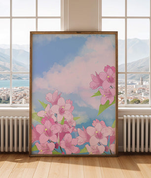 Ilustración de flores rosadas contra un cielo azul vibrante con nubes