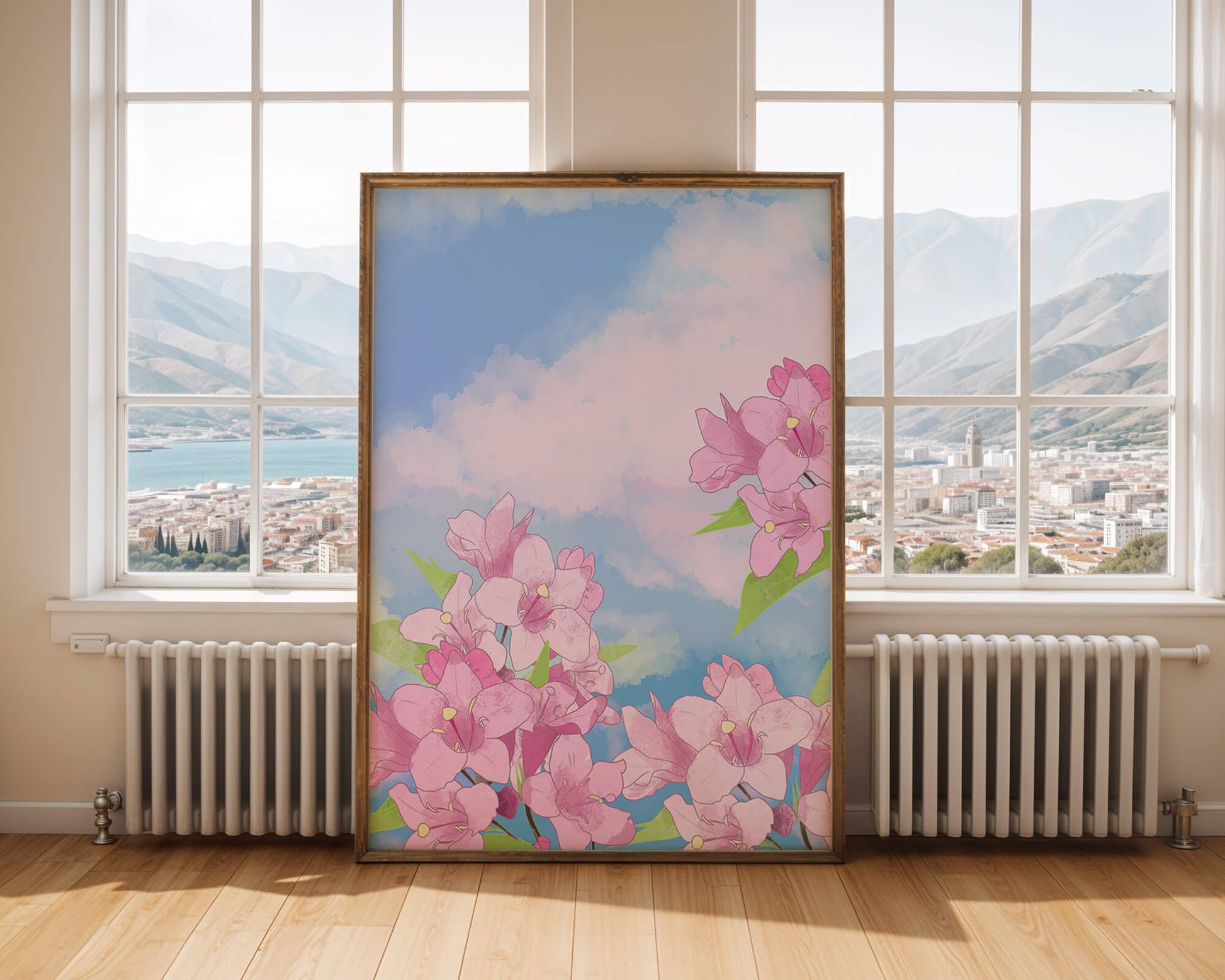 Ilustración de flores rosadas contra un cielo azul vibrante con nubes