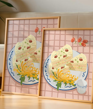 Illustration of layered cake on patterned plate with flowers and a cup
