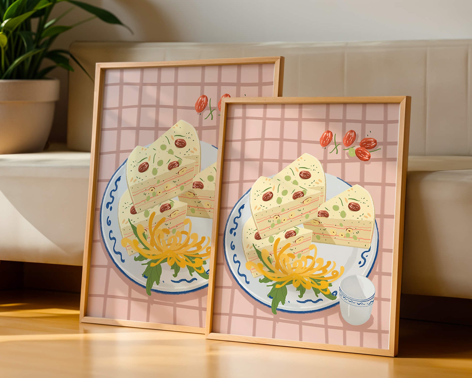 Illustration of layered cake on patterned plate with flowers and a cup