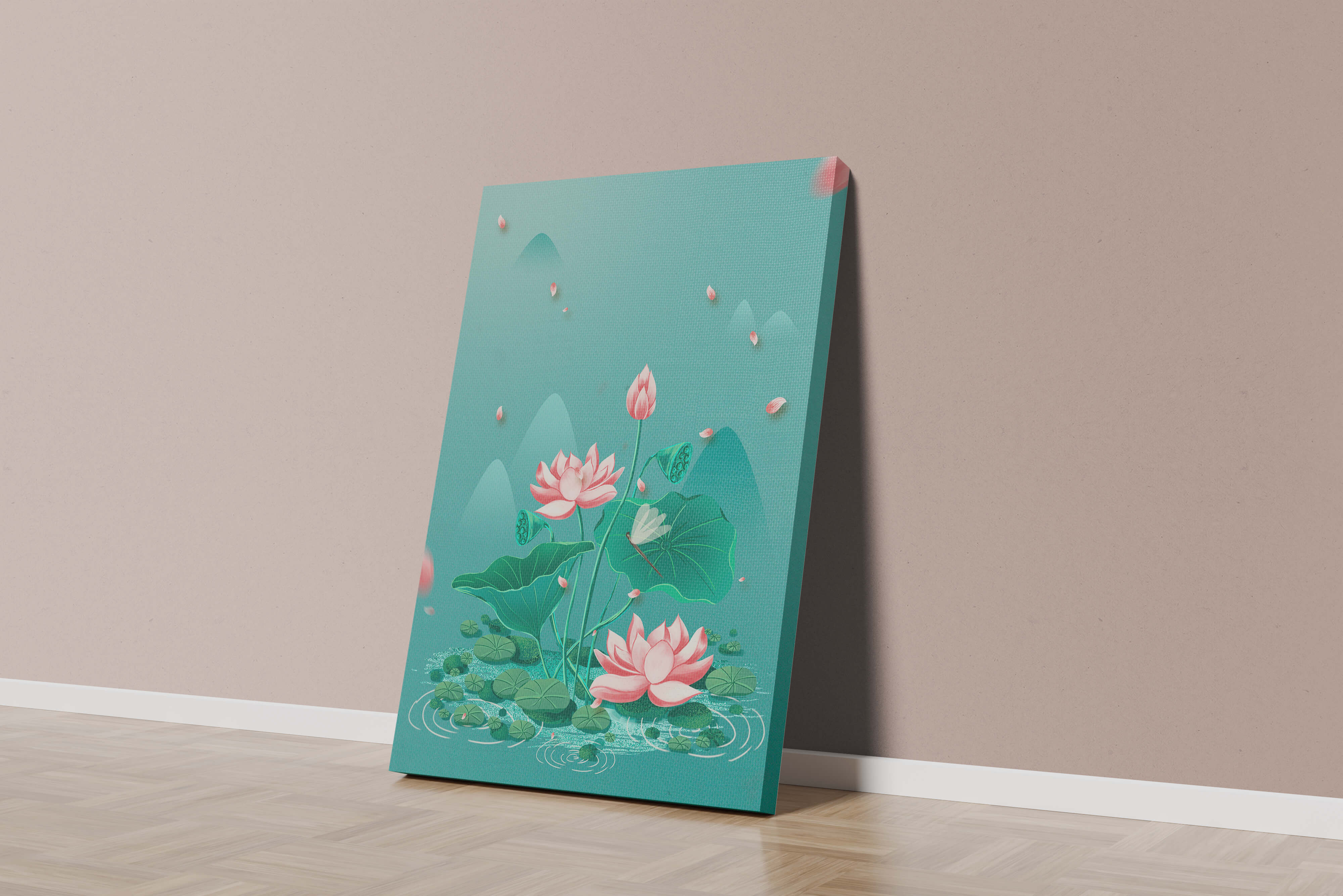 Serene illustration of lotus flowers in a tranquil pond setting with mountains