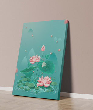 Illustration sereine de fleurs de lotus dans un étang paisible avec des montagnes