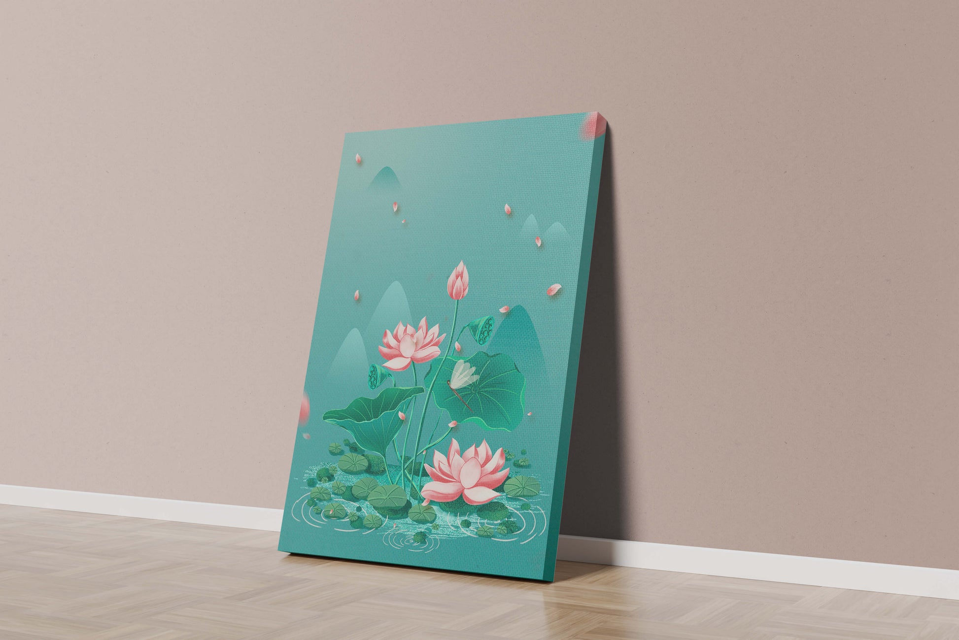 Serene illustration of lotus flowers in a tranquil pond setting with mountains