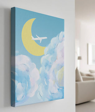 Ilustración de cielo panorámico con avión y luna creciente