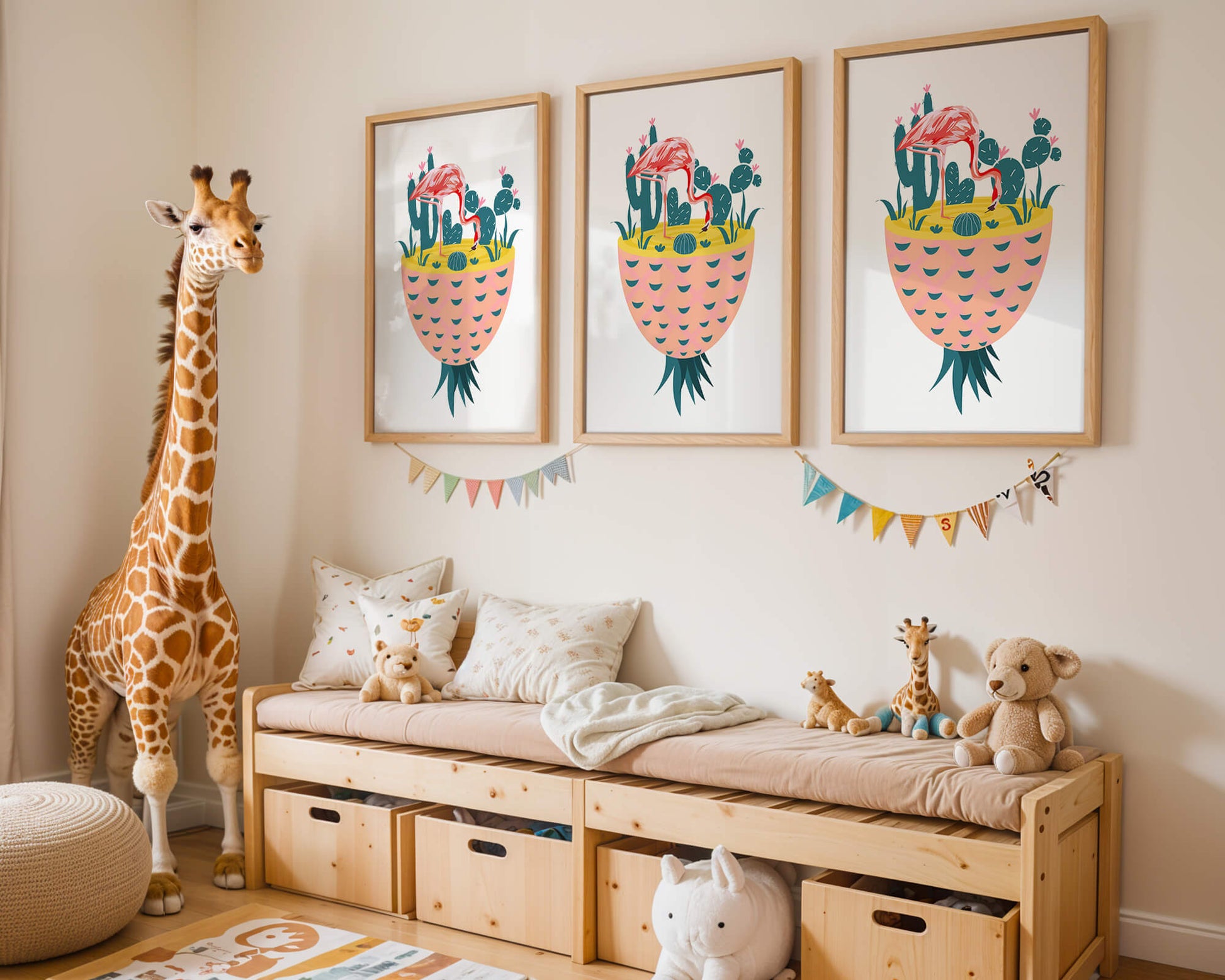 Flamingo with Cacti in Pineapple Vase Illustration