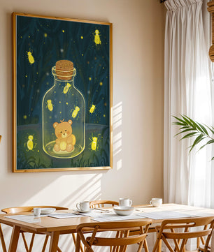 Charming teddy bear in a jar with glowing fireflies
