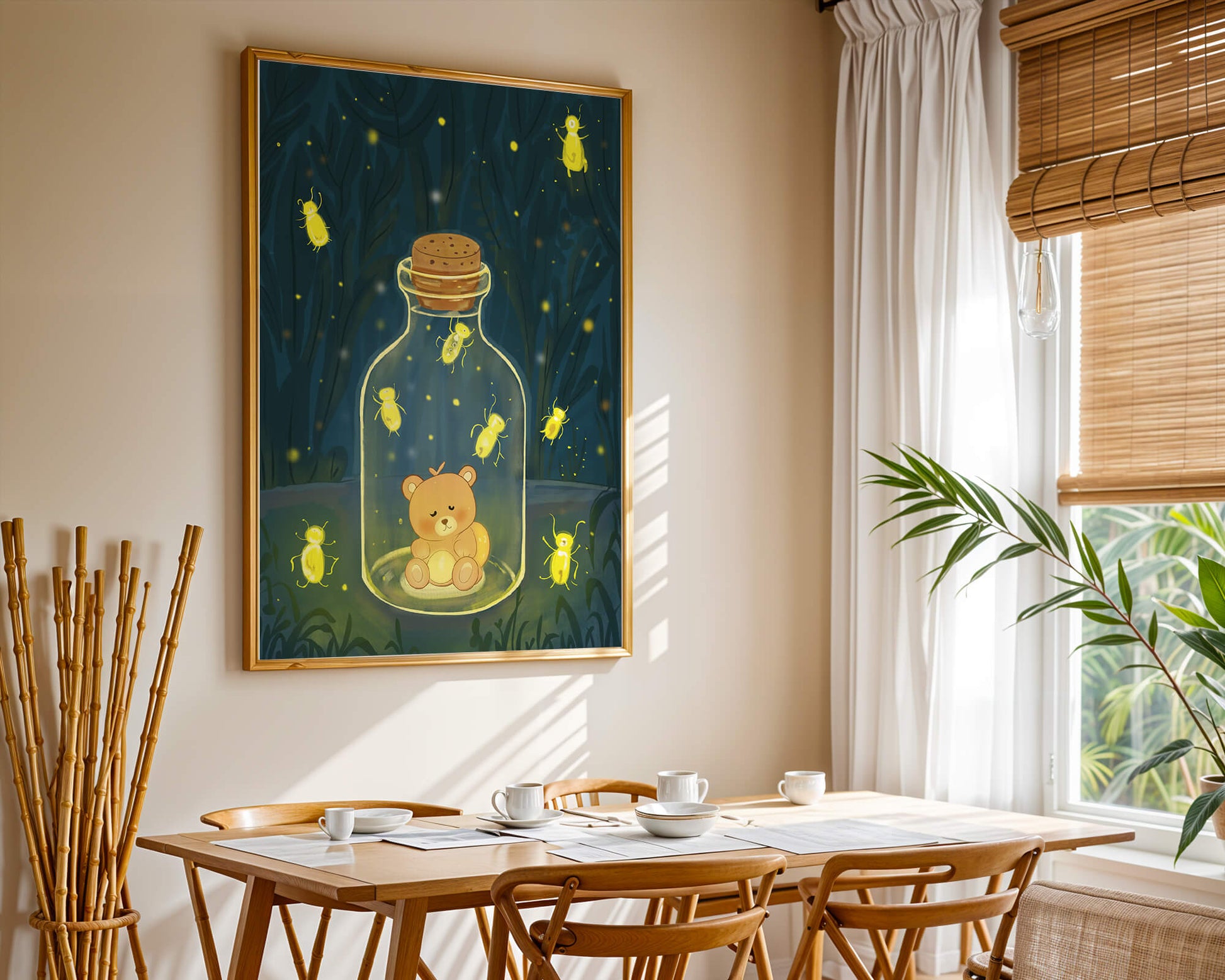 Charming teddy bear in a jar with glowing fireflies