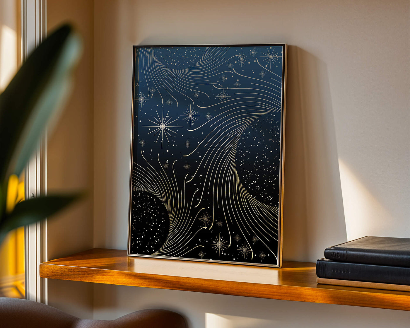Elegant starry night with golden cosmic swirls