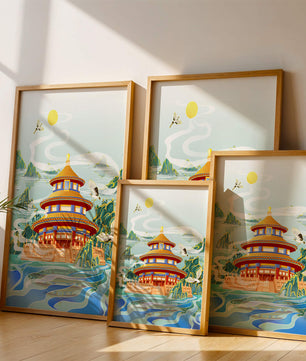 Alter chinesischer Pavillon am Wasser mit Kranichen und Bergen