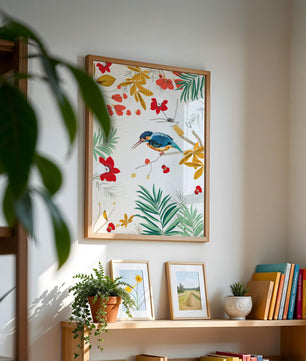 Oiseaux et feuillages colorés dans un décor botanique tropical
