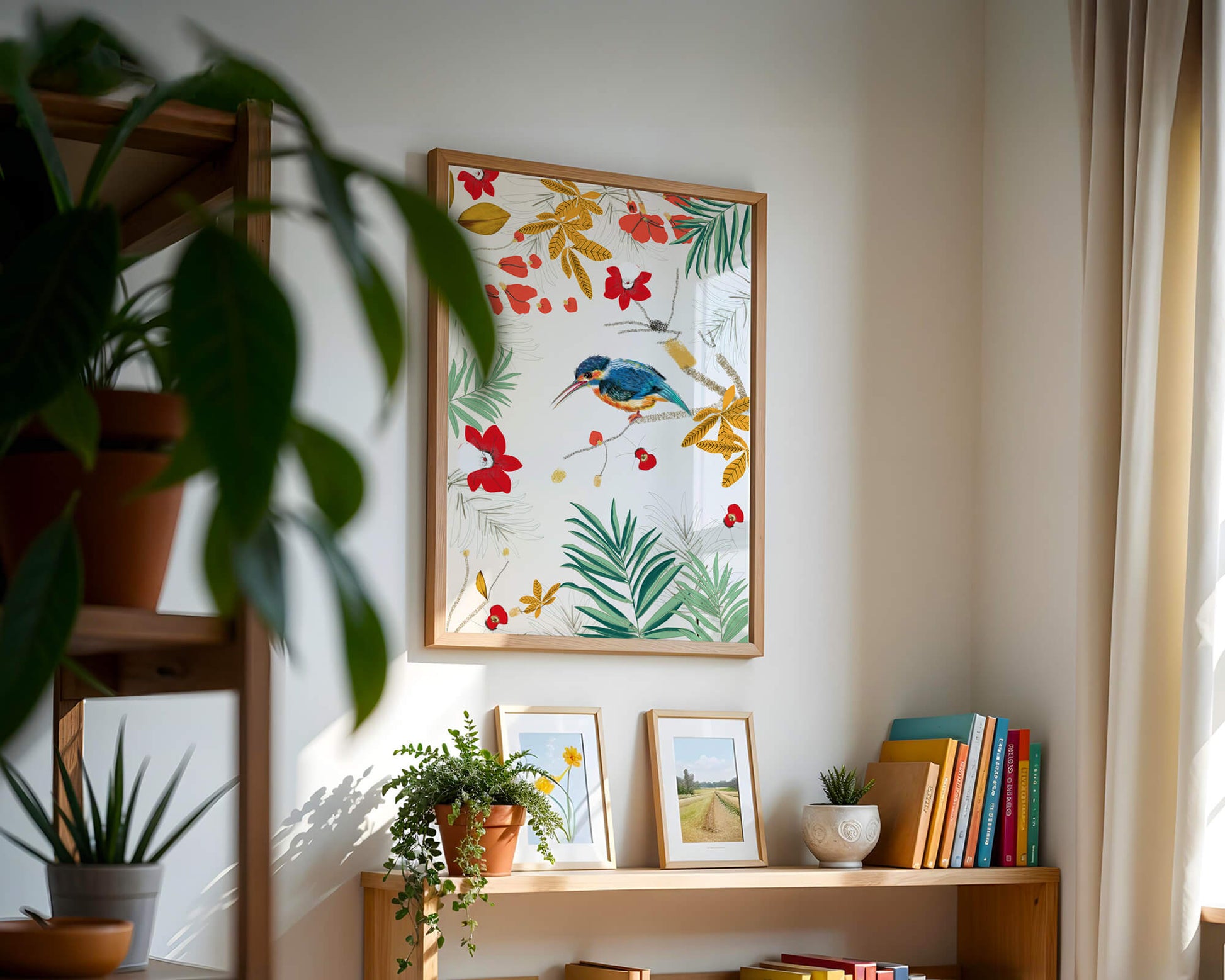 Oiseaux et feuillages colorés dans un décor botanique tropical