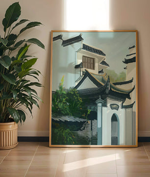 Traditional Asian architecture with lush greenery