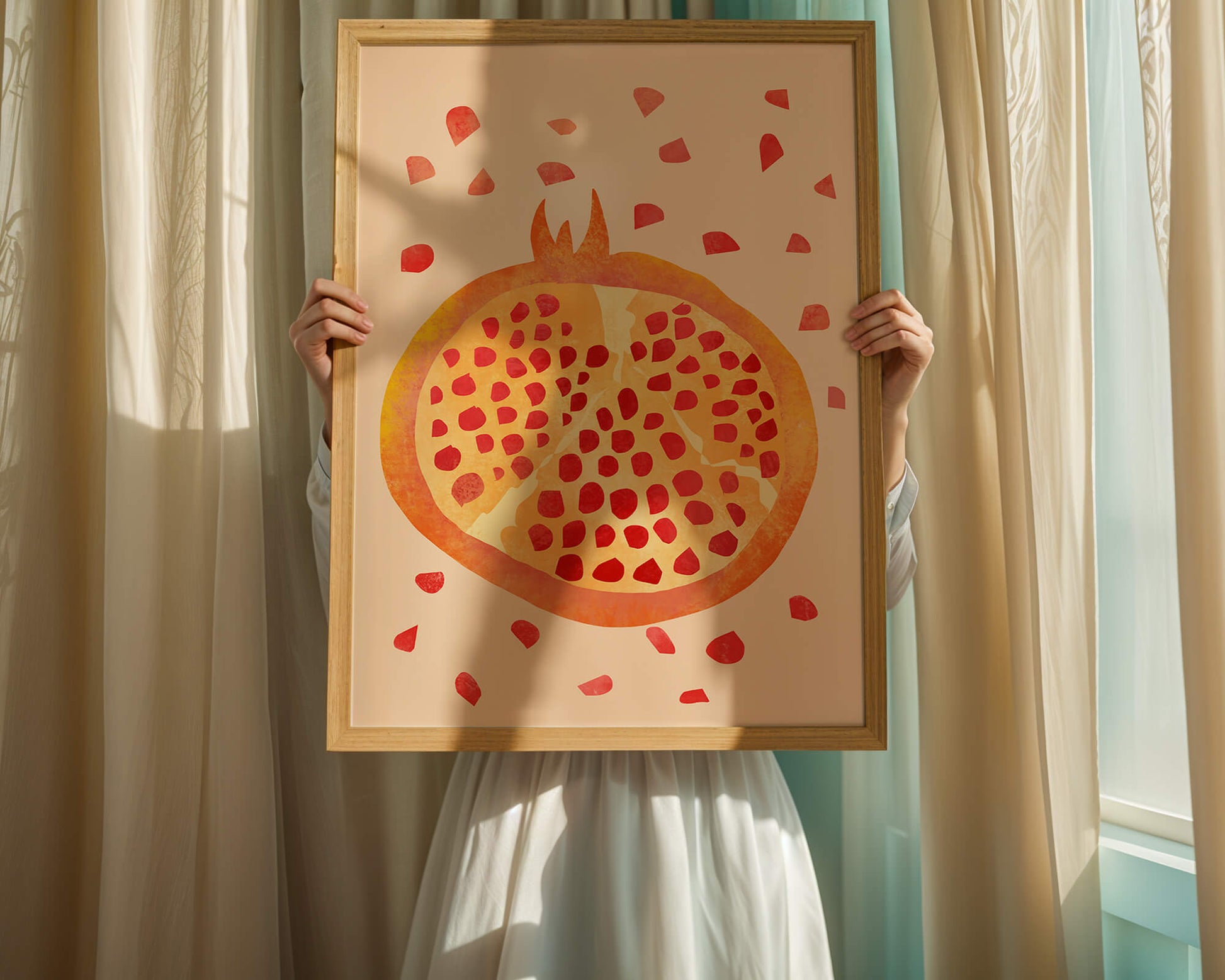 Colorful abstract pomegranate illustration with scattered seeds