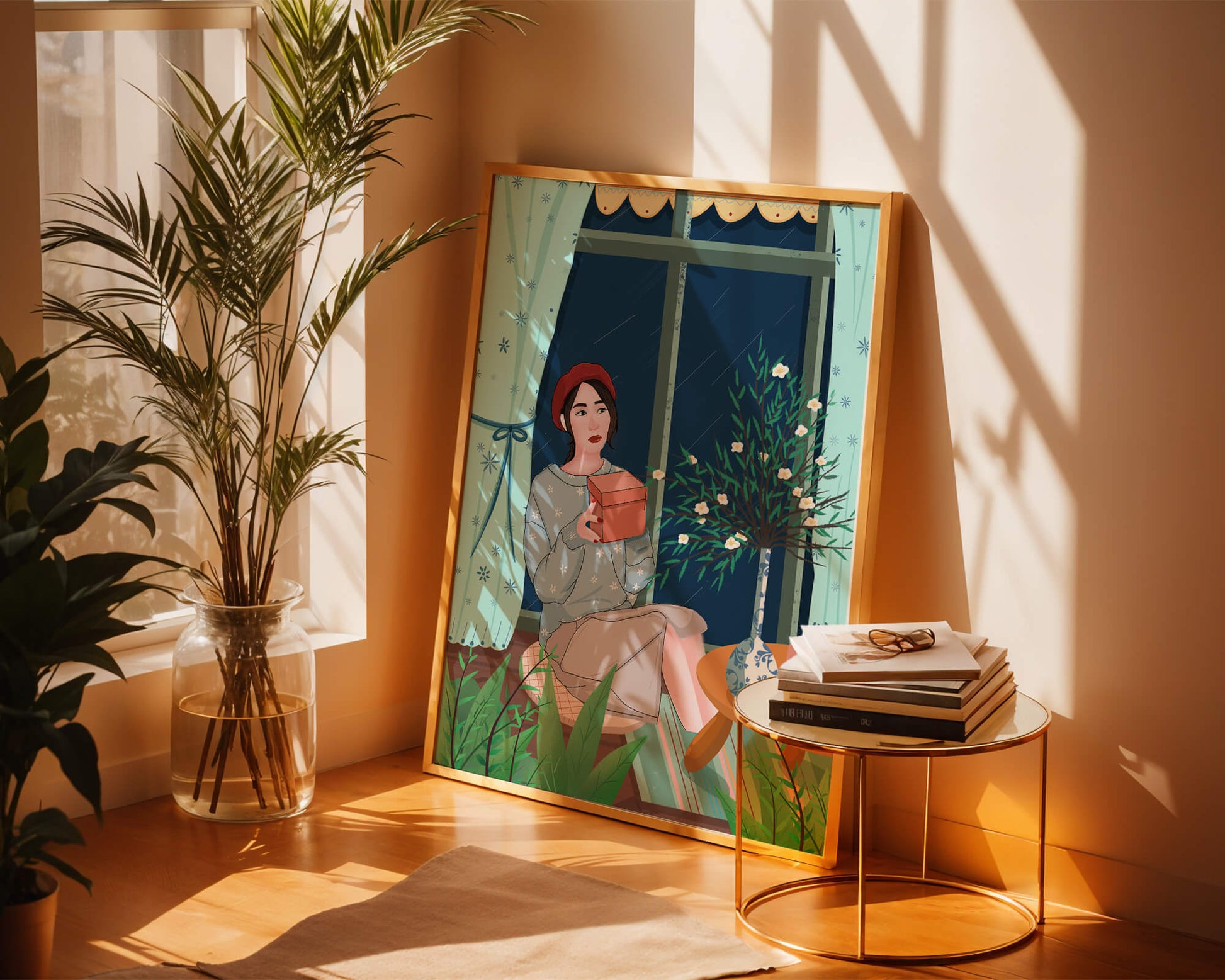 Mujer sosteniendo una caja de regalo en un interior acogedor con flores y ventana lluviosa