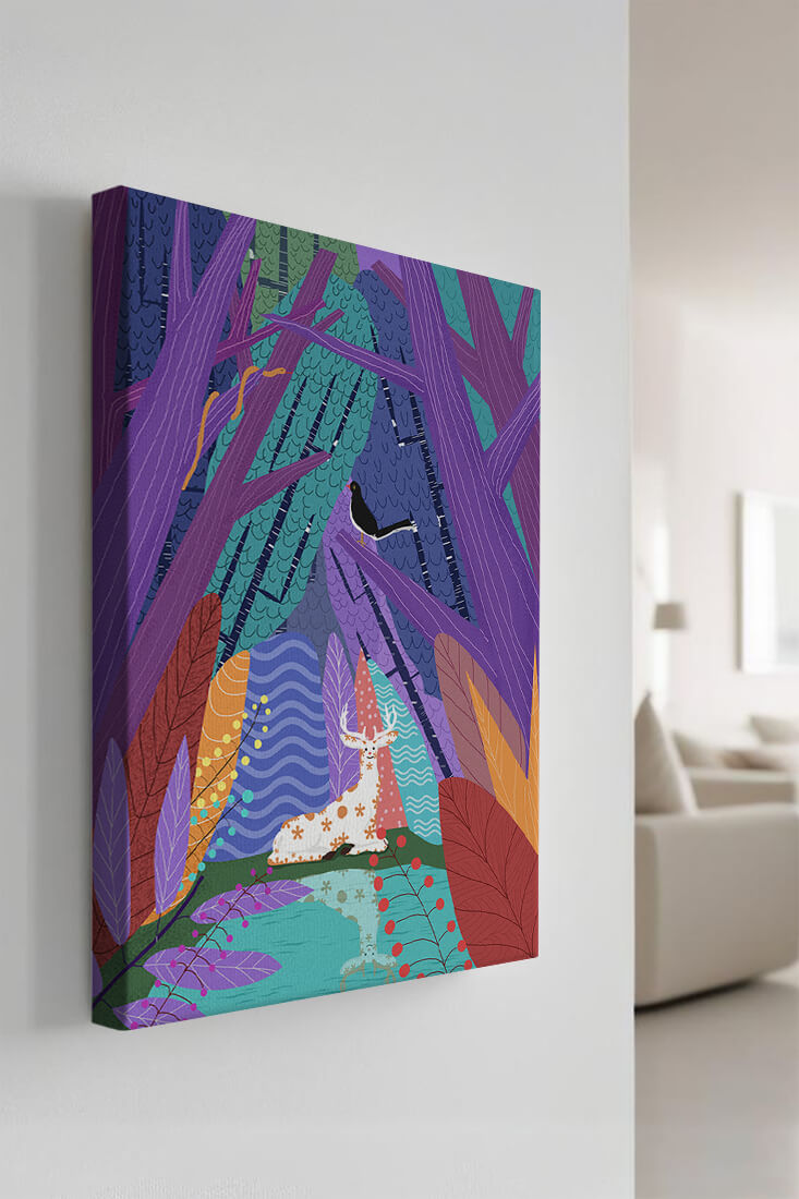 Colorful forest scene with deer and bird under vibrant foliage