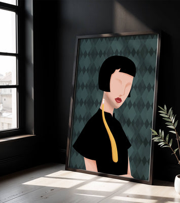 Elegant woman with short hair and golden earring on patterned background