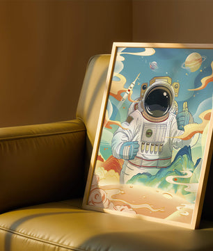 Colorful illustration of an astronaut in space with planets and rocket
