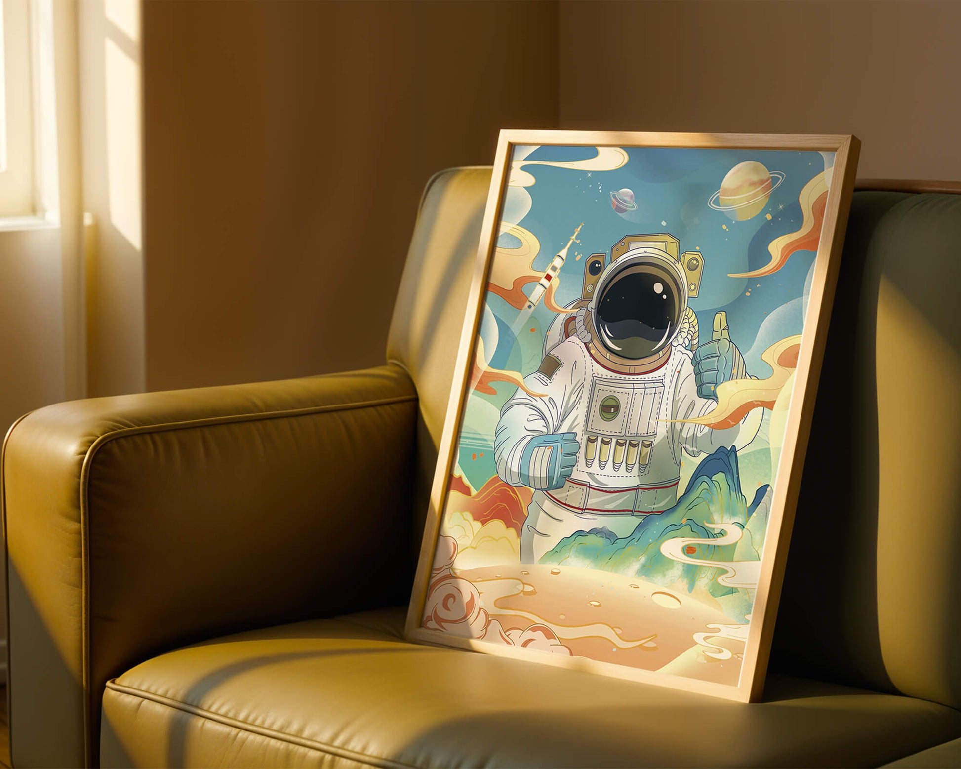 Colorful illustration of an astronaut in space with planets and rocket