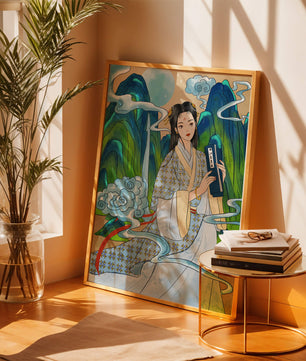 Retrato de una mujer con vestido tradicional, montañas y nubes