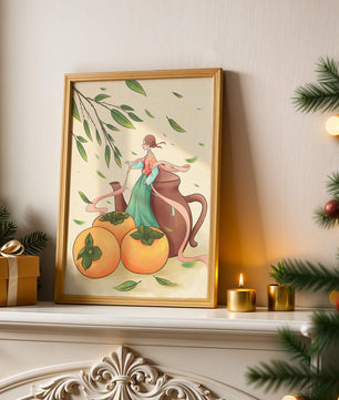 Whimsical scene with a woman in traditional attire among persimmons and leaves