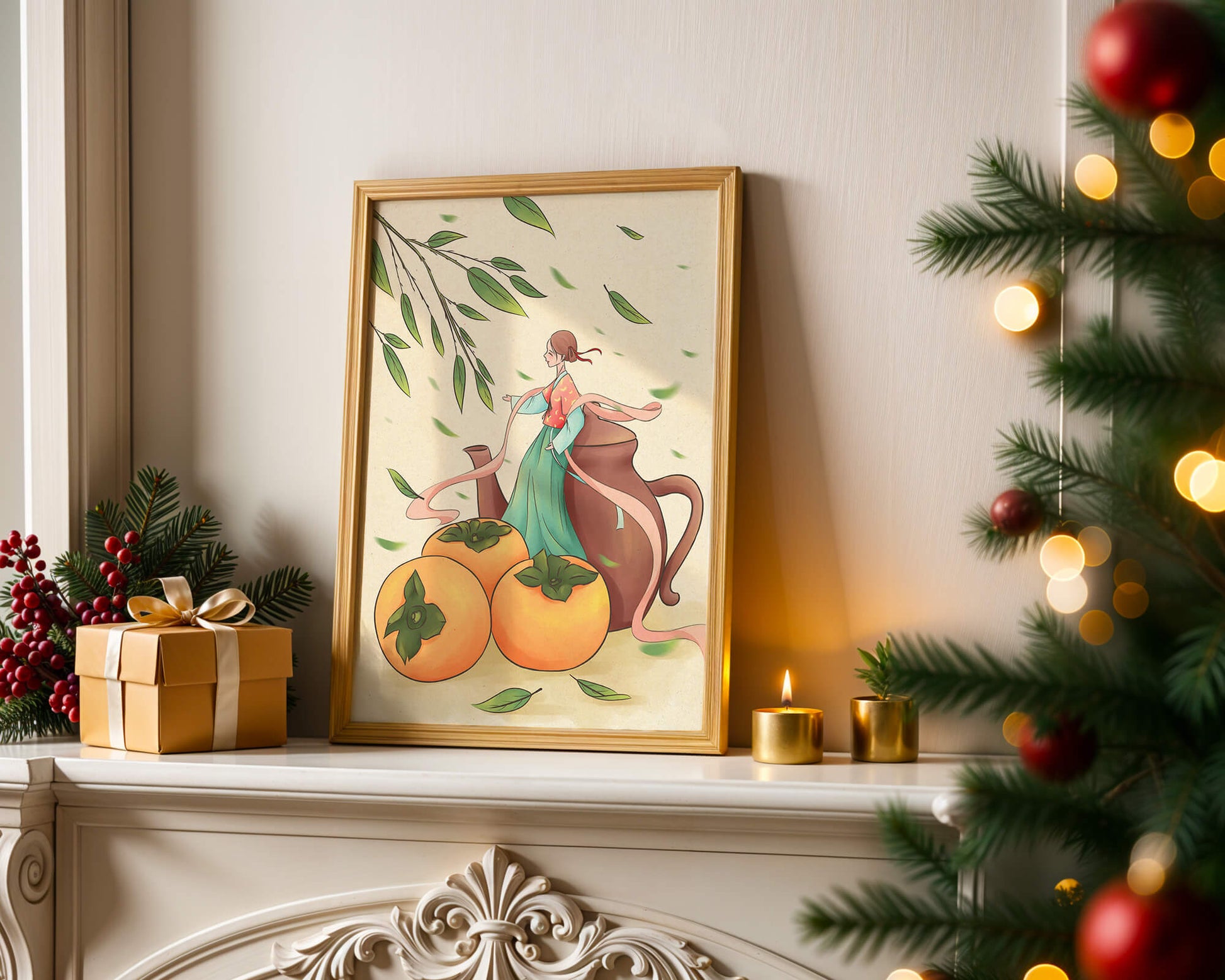 Whimsical scene with a woman in traditional attire among persimmons and leaves