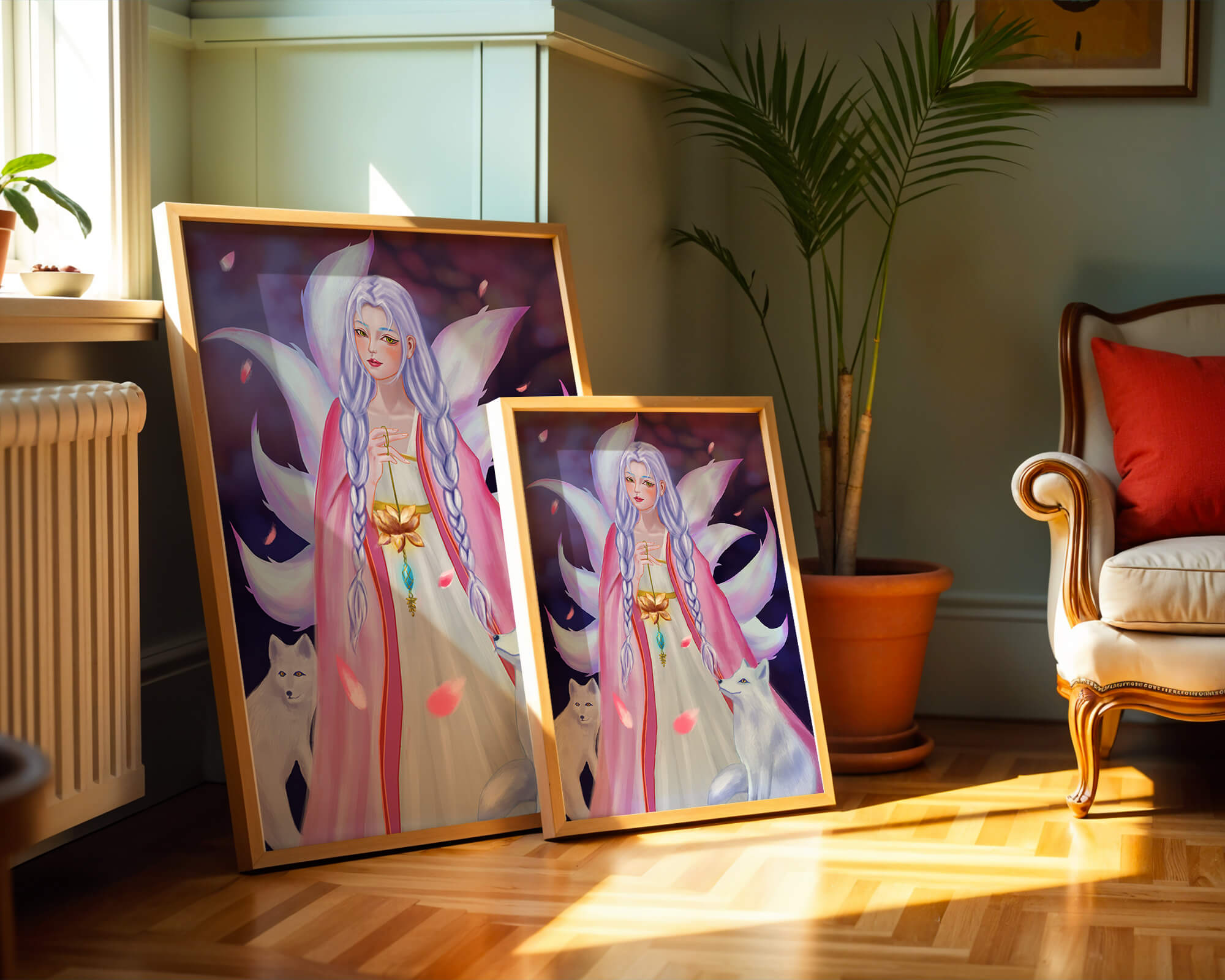 Fantasy art of ethereal figure with foxes and petals