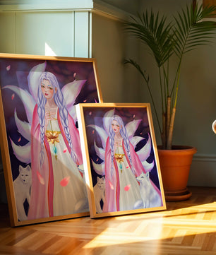 Fantasy art of ethereal figure with foxes and petals