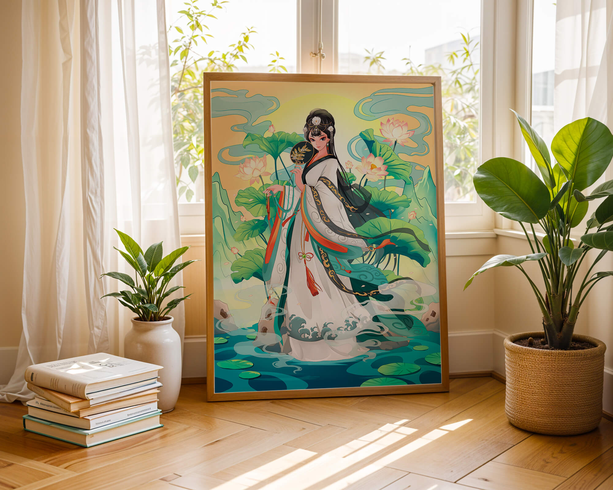 Elegant woman in traditional attire with lotus flowers and serene backdrop