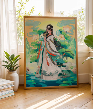 Femme élégante en tenue traditionnelle avec des fleurs de lotus et un décor serein