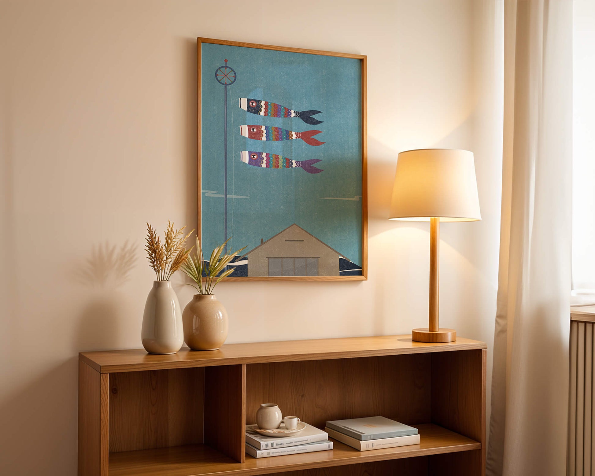 Colorful Koi Nobori Fish Flags Against Blue Sky