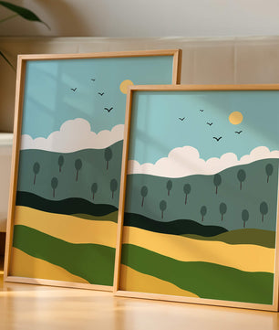 Minimalist Landscape with Hills and Sun