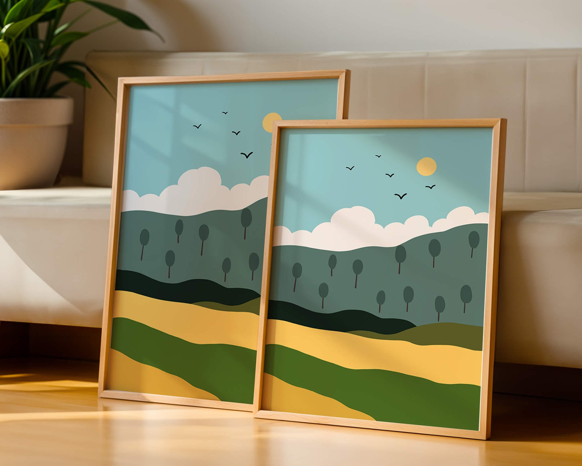 Minimalist Landscape with Hills and Sun