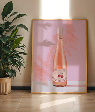 Illustrated wine bottle with a cherry label on pink background