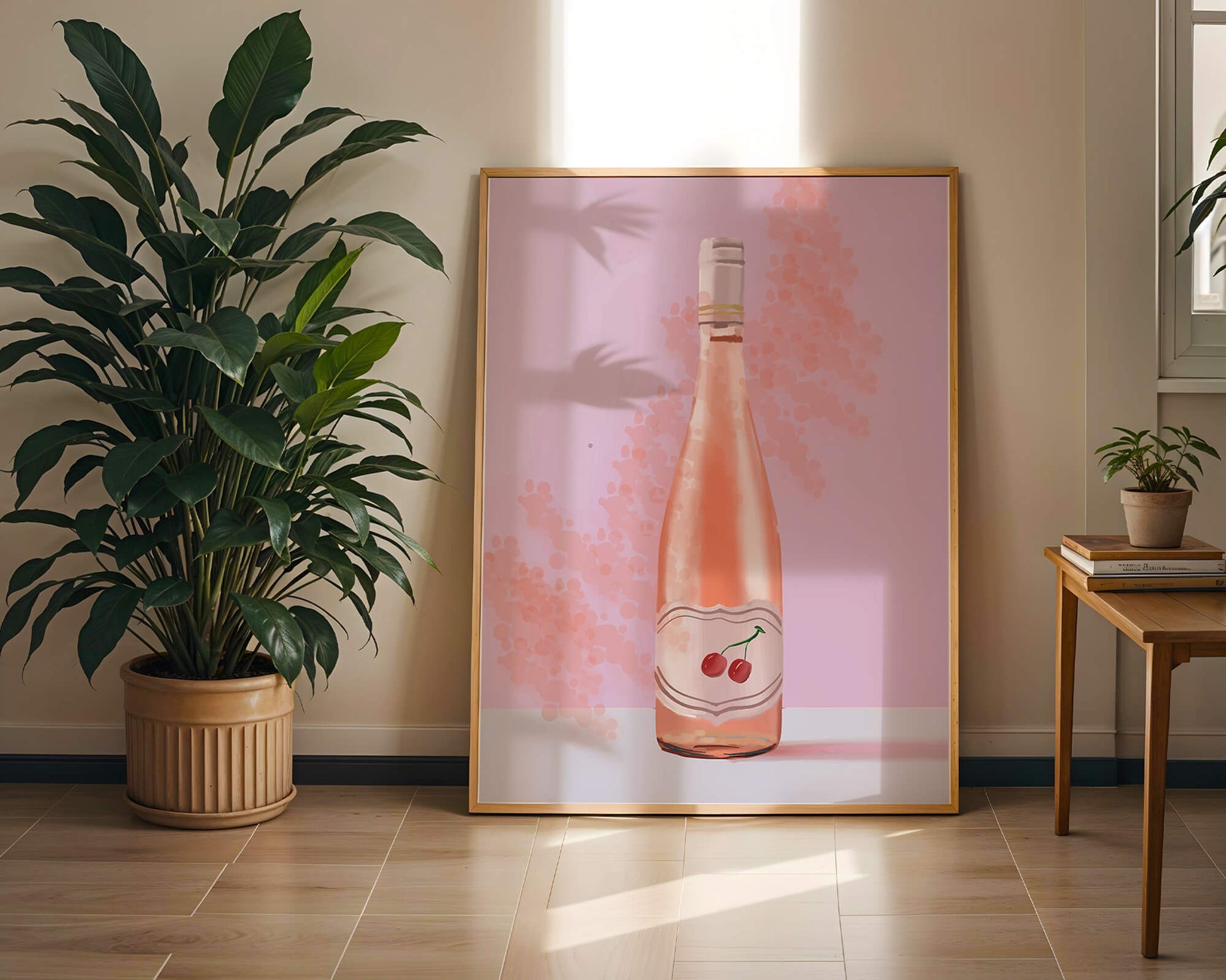 Illustrated wine bottle with a cherry label on pink background