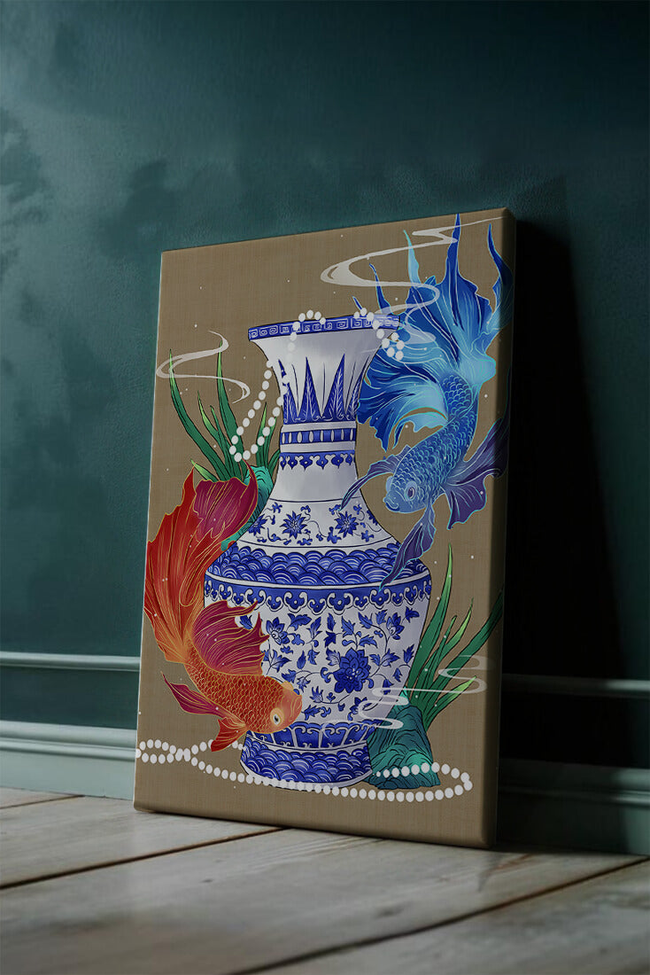 Elegant ceramic vase with vibrant fish and floral design