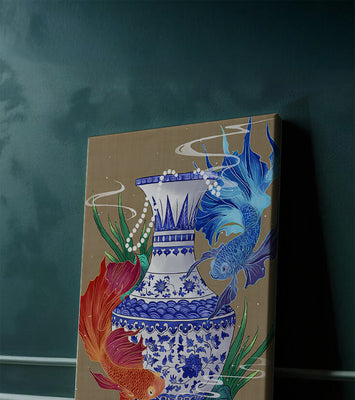 Elegant ceramic vase with vibrant fish and floral design