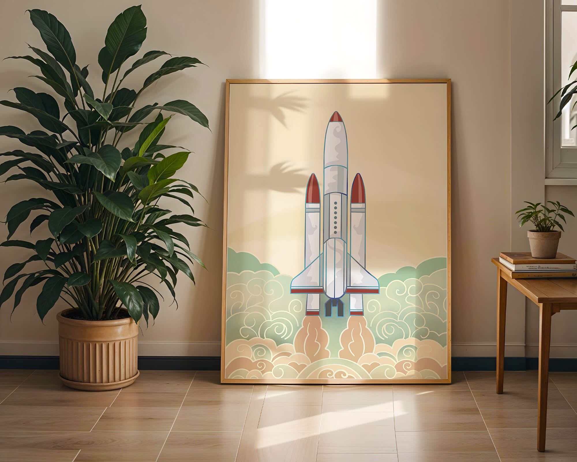 Colorful rocket launch from vintage-style clouds