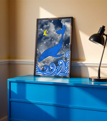 Whimsical blue whale in a starry night ocean scene