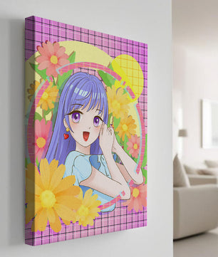 Anime-Mädchen mit leuchtenden Blumen und lila Haaren auf buntem Hintergrund
