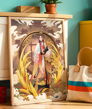 Elegant woman in traditional attire amidst golden wheat field and oriental architecture