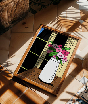 Abstract illustration of flowers in a vase on a wooden table