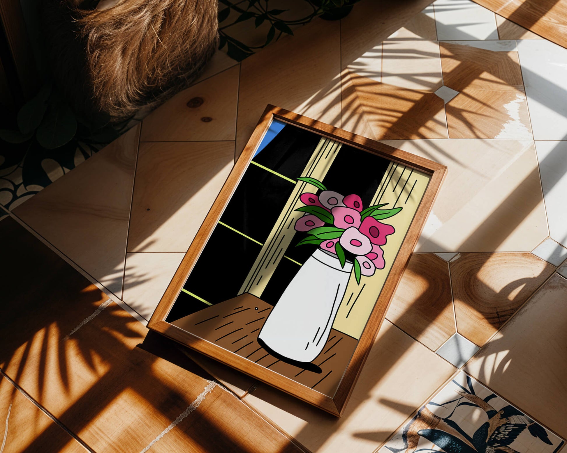 Abstract illustration of flowers in a vase on a wooden table
