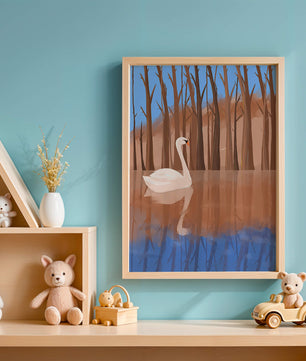 Serene swan on calm water with reflections of trees